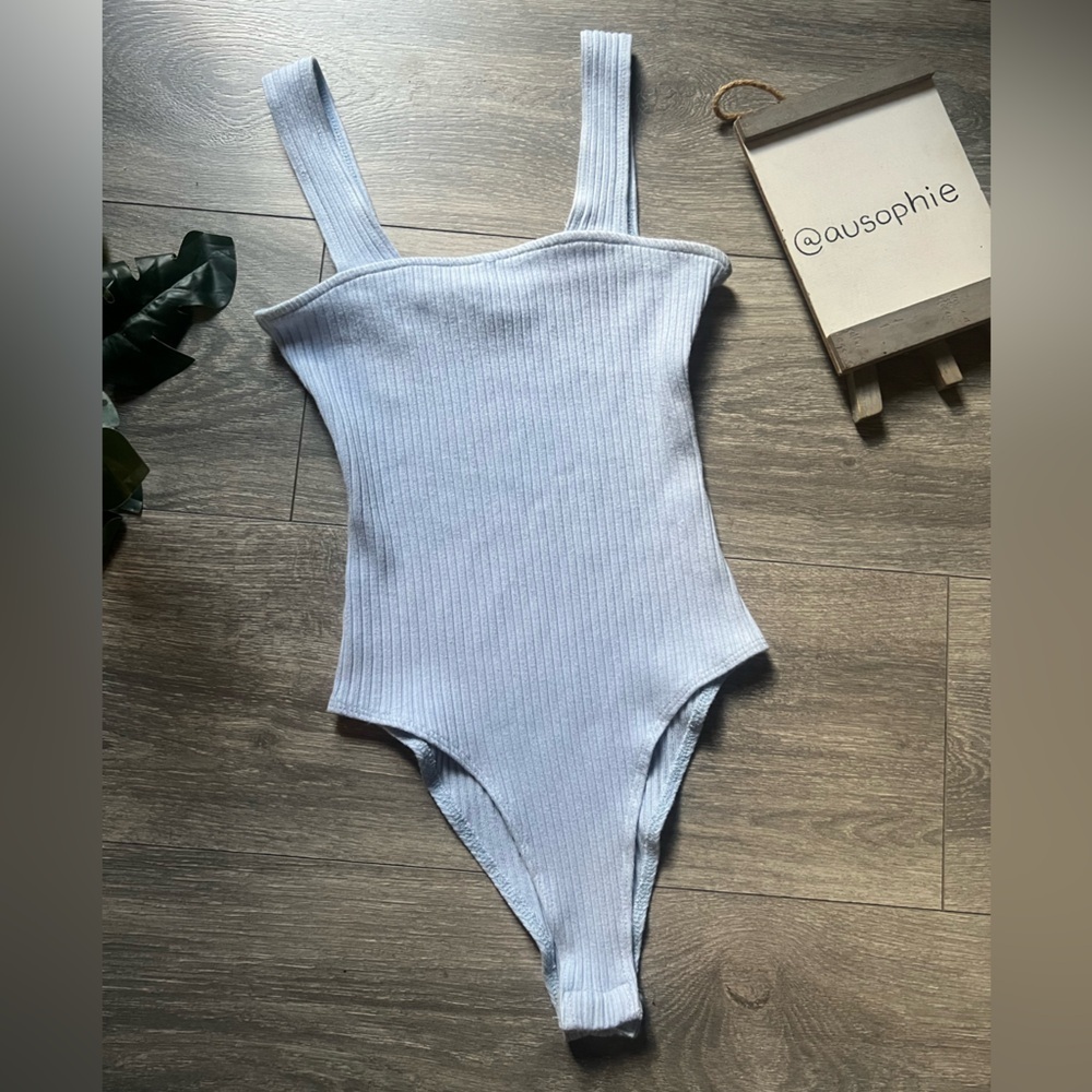 Ivy & Main Pastel Baby Blue Ribbed Thick Strap Straight Neck Bodysuit. Size S